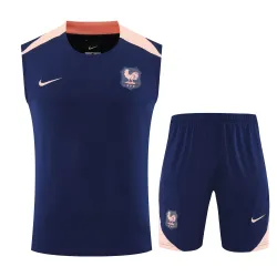 France 2025 Sleeveless Training Kit Blue - product photo France 2025 Sleeveless Training Men's Kit - Blue, front view displaying crest and sponsor.