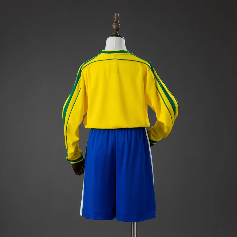 Brazil 1998 Home Retro Long Sleeve Kids Kit Jersey