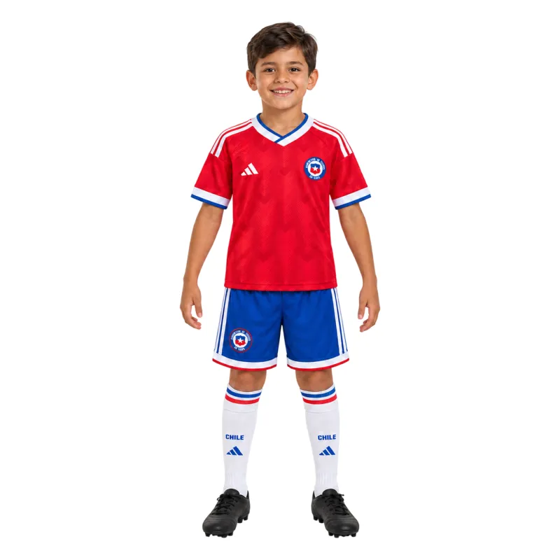 2026 Chile Home Kids Kit - AI model preview, front view, socks optional