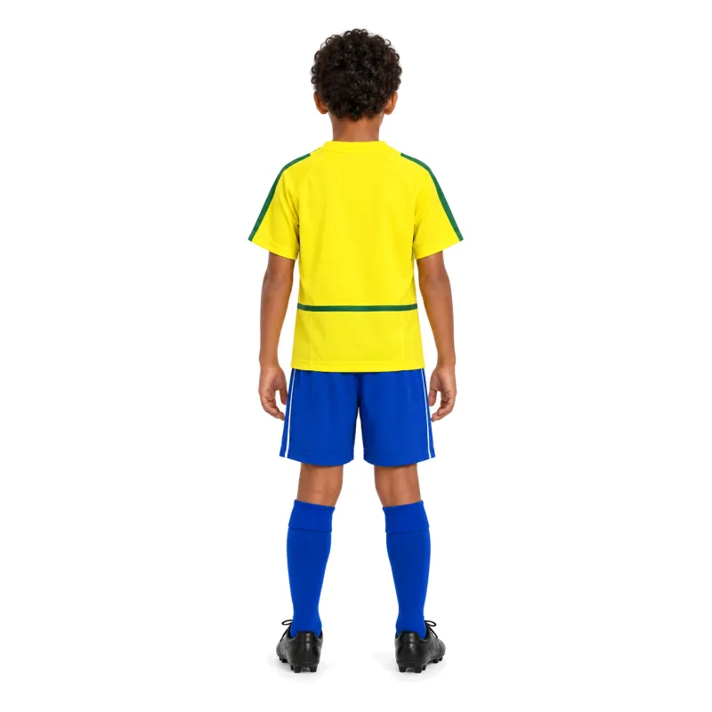 2002 World Cup Brazil Home Retro Kids Kit — AI model preview, full-body-back, socks optional