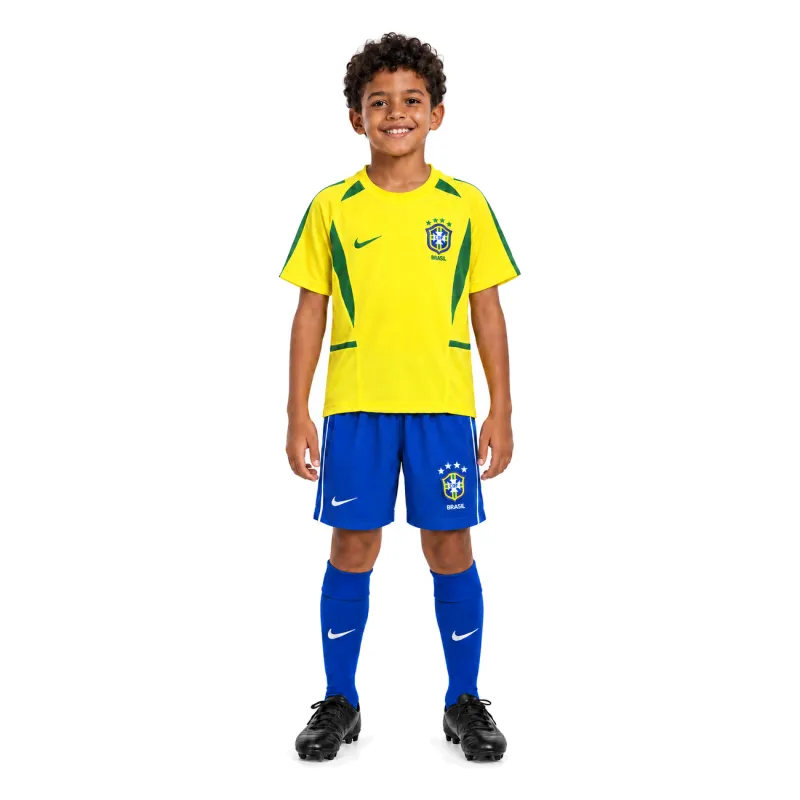 2002 World Cup Brazil Home Retro Kids Kit — AI model preview, full-body-front, socks optional