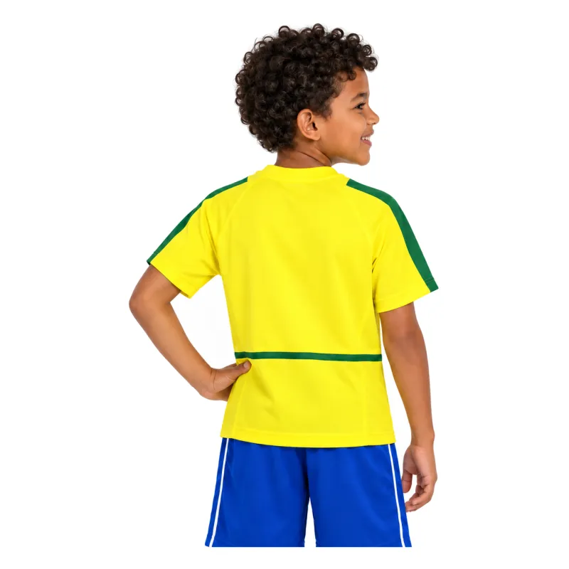 2002 World Cup Brazil Home Retro Kids Kit — AI model preview, upper-body-back, socks optional