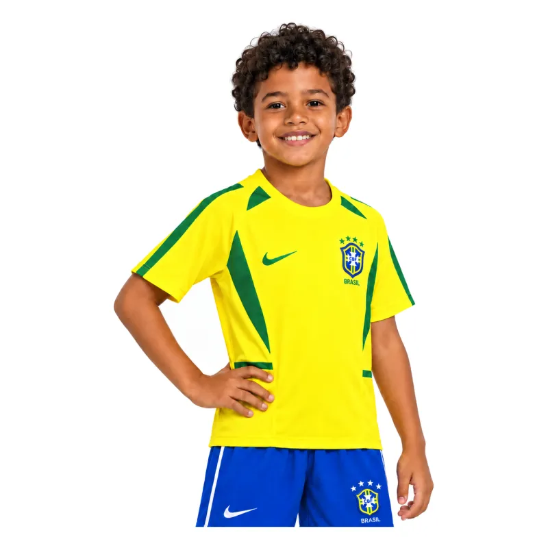 2002 World Cup Brazil Home Retro Kids Kit — AI model preview, upper-body-front, socks optional