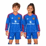 26/27 Manchester United Away Long Sleeve Kids Kit — front close view worn by boy and girl