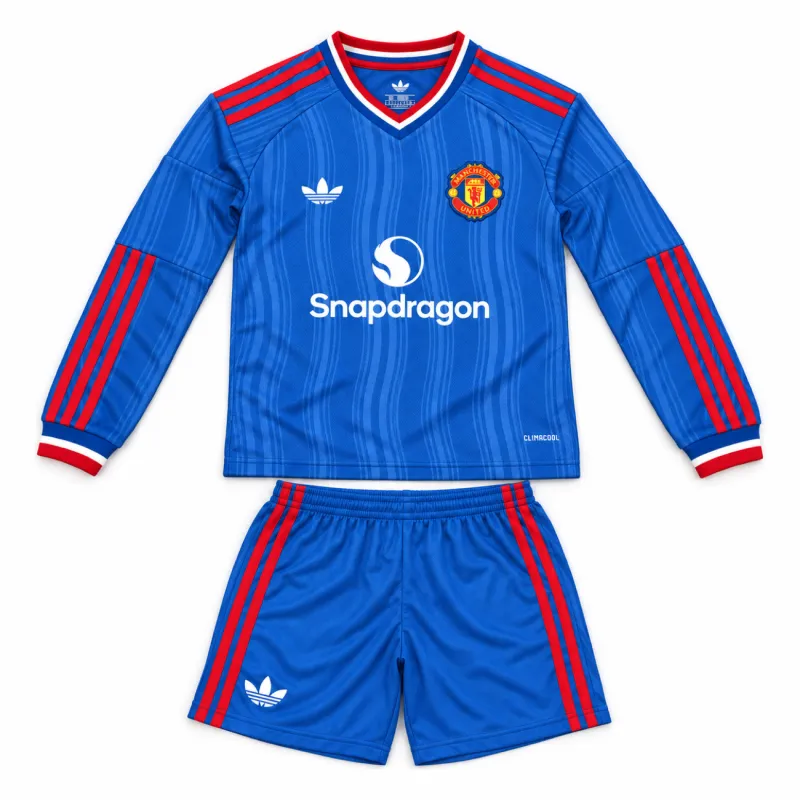 26/27 Manchester United Away Long Sleeve Kids Kit — front flat lay