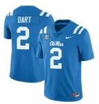 Camisa dos Ole Miss Rebels de Jaxson Dart #2, futebol universitário, totalmente bordada, azul claro