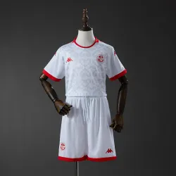Maglia da bambino in trasferta della Tunisia per i Mondiali 2026 - foto del prodotto Maglietta da bambino della nazionale tunisina per i Mondiali 2026 (divisa da trasferta), vista frontale con dettaglio dello stemma della squadra