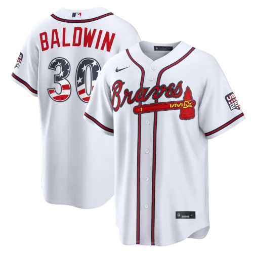 Camisa de jogo em casa do Drake Baldwin dos Atlanta Braves, Nike EUA, 250, 4 de julho - Branca