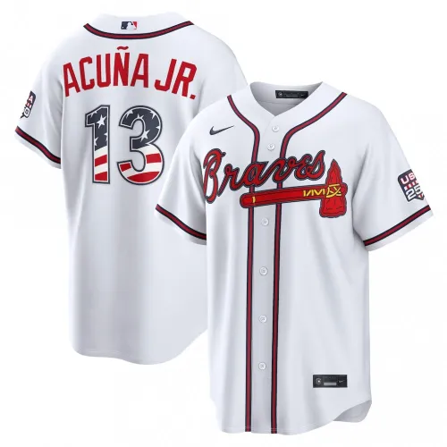 Camisa de jogo em casa de Ronald Acuña Jr. dos Atlanta Braves, Nike EUA 250, para o 4 de julho - Branca