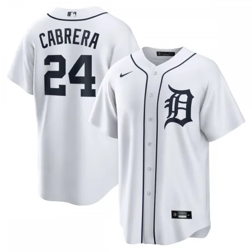 Camiseta réplica de local de Nike de Miguel Cabrera, de los Tigres de Detroit, con el nombre del jugador - Blanca