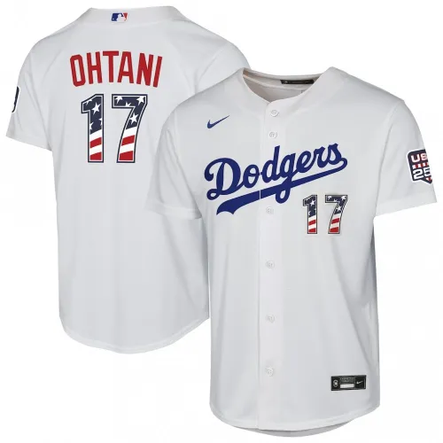 Maglia replica da casa Nike per ragazzi "USA 250" di Shohei Ohtani dei Los Angeles Dodgers per il 4 luglio - Bianca