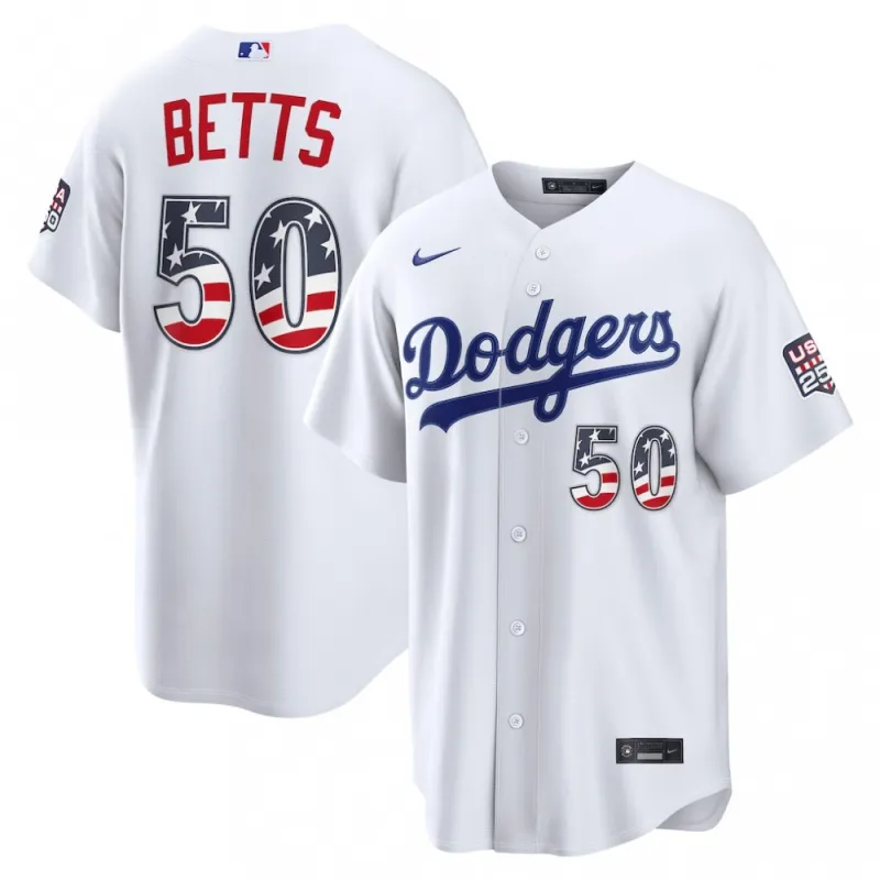 Maglia da casa Nike USA 250 di Mookie Betts dei Los Angeles Dodgers per il 4 luglio – Bianca