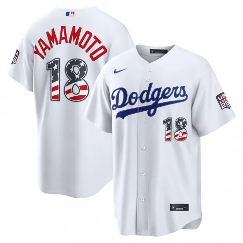 Yoshinobu Yamamoto Los Angeles Dodgers Nike USA 250 Maglia da stadio per le partite in casa del 4 luglio - Bianca