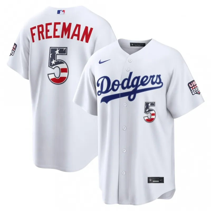 Maglia da casa Nike USA 250 di Freddie Freeman dei Los Angeles Dodgers per il 4 luglio – Bianca