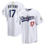 Camisa de jogo de Shohei Ohtani dos Los Angeles Dodgers, coleção Nike 2026 Gold, com kanji do estádio - Branca Shohei Ohtani Los Angeles Dodgers Nike 2026 Gold Collection Kanji Stadium Jersey – White