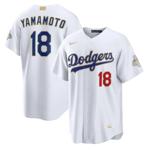 Camisa de estádio Yoshinobu Yamamoto dos Los Angeles Dodgers da coleção Nike 2026 Gold - Branca