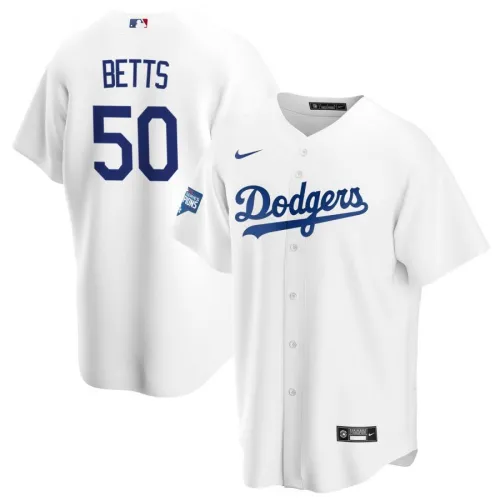 Maillot domicile Nike blanc « Los Angeles Dodgers Mookie Bett #50 » pour homme, champions de la World Series 2020