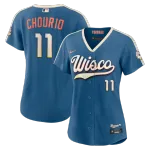 Camisa Nike City Connect Stadium 2026 para mulher dos Milwaukee Brewers, com o nome de Jackson Chourio - Azul Mineral Jackson Chourio Milwaukee Brewers Nike Women’s 2026 City Connect Stadium Jersey – Mineral Blue