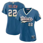 Christian Yelich Milwaukee Brewers Nike City Connect Stadium-shirt voor dames 2026 - Mineral Blue Christian Yelich Milwaukee Brewers Nike Women’s 2026 City Connect Stadium Jersey – Mineral Blue