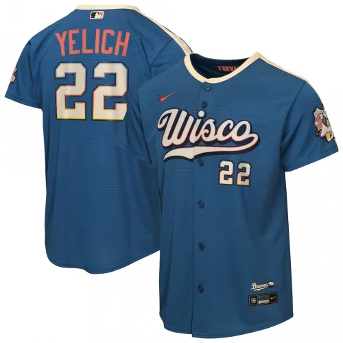 Camisa Nike City Connect Stadium 2026 para jovens dos Milwaukee Brewers, de Christian Yelich - Azul Mineral