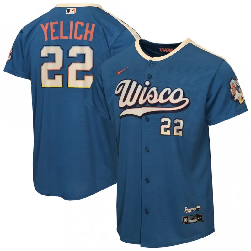 Christian Yelich Milwaukee Brewers Nike Youth 2026 City Connect Stadium Jersey – Mineral Blue