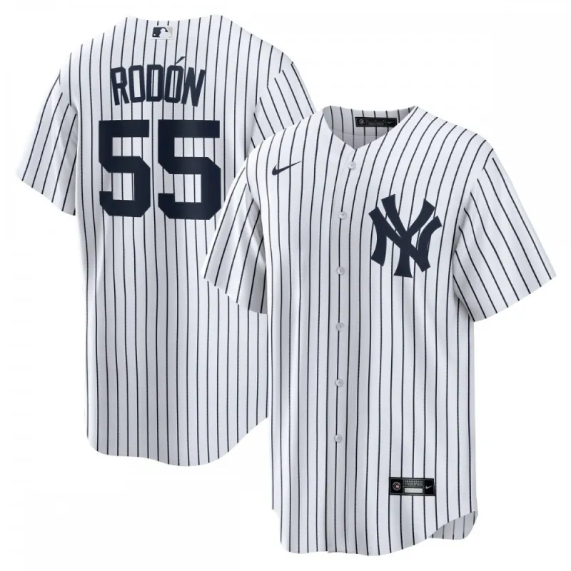 Camisa oficial de jogador dos New York Yankees da Nike de Carlos Rodon – Branca/Azul-marinho