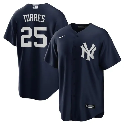 Camisa alternativa dos New York Yankees para homem, Gleyber Torres #25, da Nike, azul-marinho