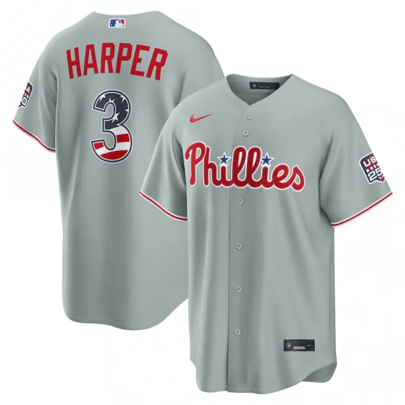 Bryce Harper Philadelphia Phillies Nike USA 250 Fourth of July Road Stadium Jersey – Gray