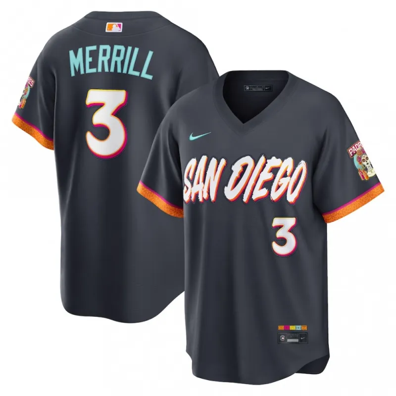 Camisa de jogo «City Connect Stadium» da Nike 2026 dos San Diego Padres, de Jackson Merrill – Obsidian