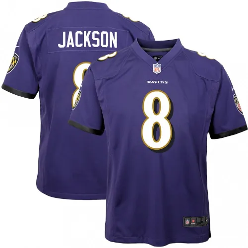 Camisa de jogo Nike para jovens do Lamar Jackson dos Baltimore Ravens - Roxa