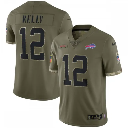 Camisola limitada de Jim Kelly dos Buffalo Bills, coleção «Salute To Service» de 2022, para jogadores reformados - Verde-oliva