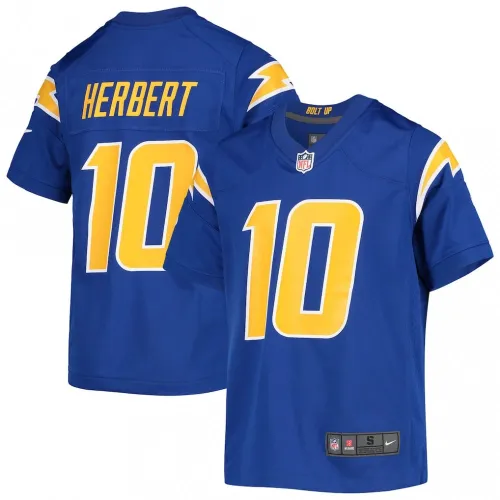 Camisa de jogo Nike para jovens do Justin Herbert dos Los Angeles Chargers - Azul-real