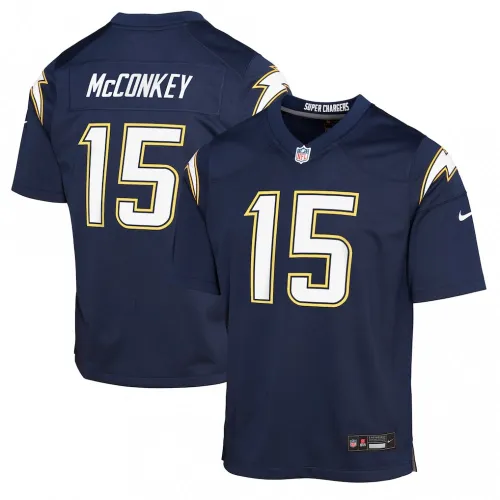 Camisa de jogo alternativa «Super Chargers» da Nike para jovens dos Los Angeles Chargers, com o nome de Ladd McConkey - Azul-marinho