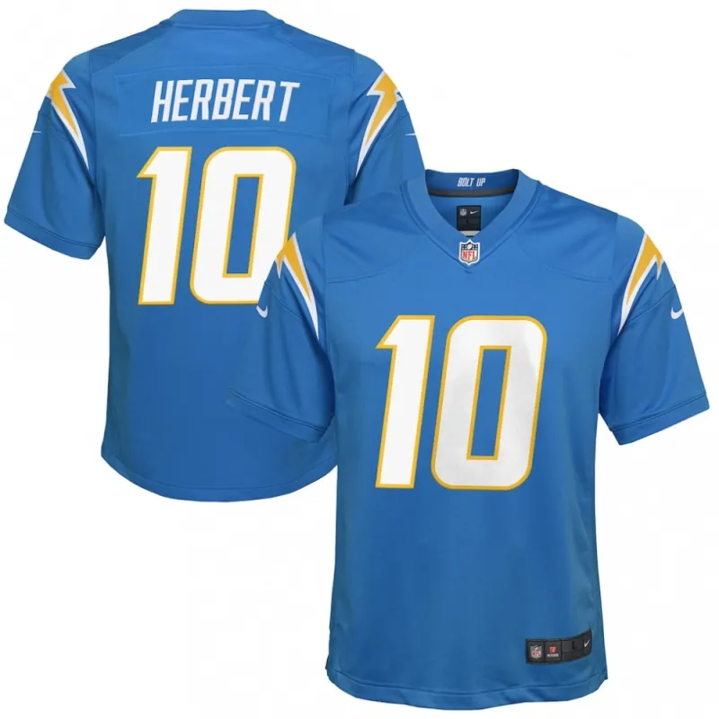 Camisa de jogo Nike para jovens de Justin Herbert dos Los Angeles Chargers – Azul-pó