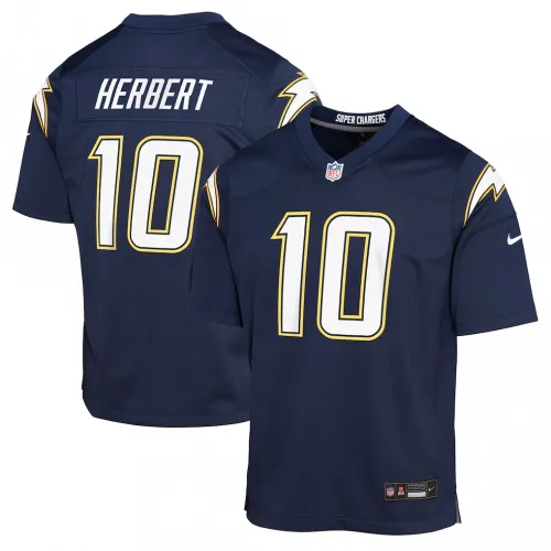 Camisa de jogador Nike para jovens dos Los Angeles Chargers, com o nome de Justin Herbert, modelo «Super Chargers» de jogo alternativo - Azul-marinho
