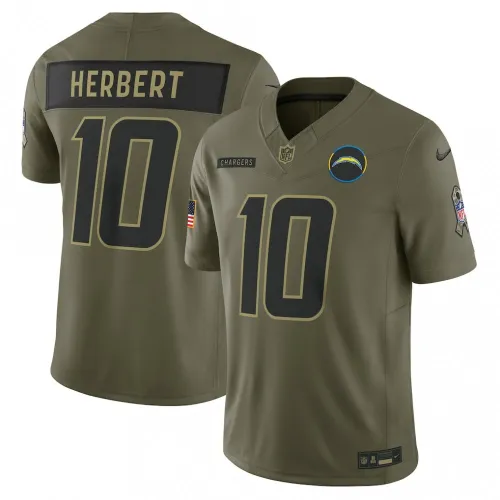 Camisa Nike 2025 «Salute to Service» de edição limitada de Justin Herbert dos Los Angeles Chargers - Verde-oliva