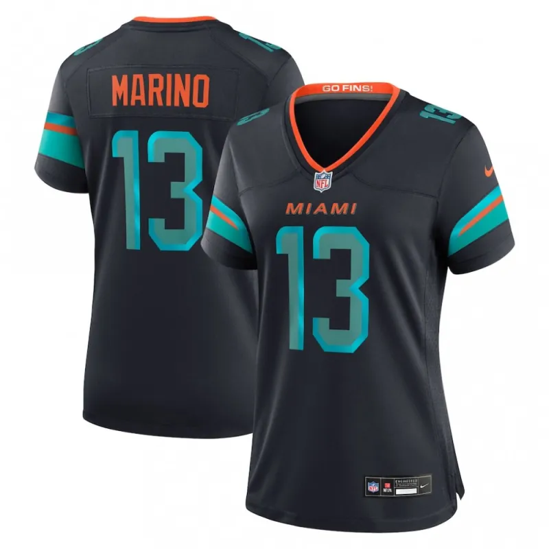 Camisa de jogo da coleção «Rivalries» 2025 da Nike para mulher, com o nome de Dan Marino dos Miami Dolphins (jogador aposentado) – Azul Pitch