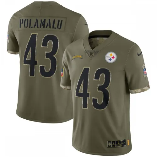 Maillot en édition limitée « Salute To Service » 2022 de Troy Polamalu (Pittsburgh Steelers), joueur à la retraite – Couleur olive