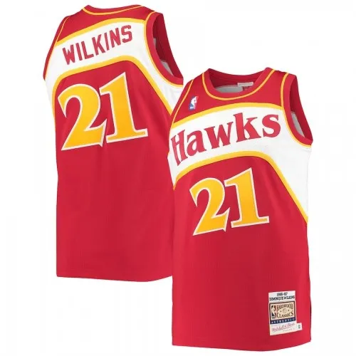 Maglia da giocatore da uomo degli Atlanta Hawks Dominique Wilkins #21, modello retrò Mitchell & Ness, rossa, stagione 86-87, linea Hardwood Classics