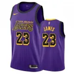 Camisa Swingman Nike #23 dos Los Angeles Lakers para homem, com o nome de LeBron James, cor roxa, época 2018/19 – Edição City