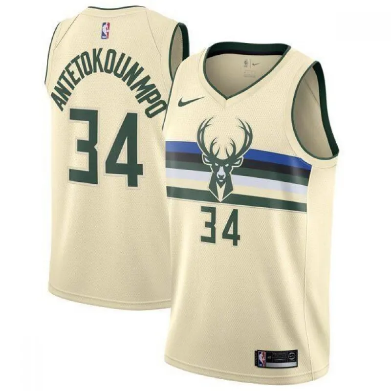 Men’s Milwaukee Bucks Giannis Antetokounmpo #34 Nike Cream Swingman Jersey – City Edition