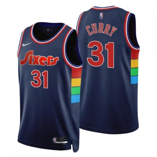 Maillot NBA Swingman Nike bleu marine 2021/22 Seth Curry #31 des Philadelphia 76ers pour homme - Édition « City »