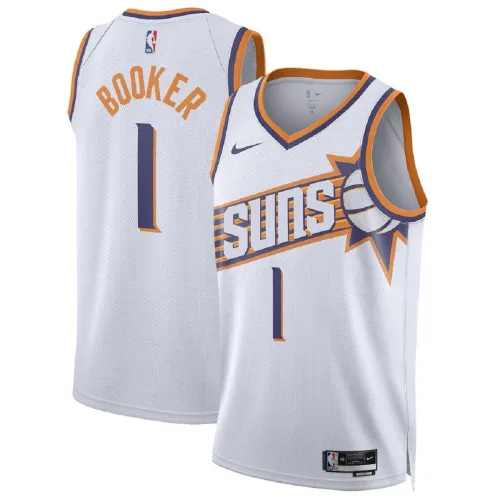 Camisola Swingman Unisexo dos Phoenix Suns, Devin Booker, #1, Branca - Edição Association