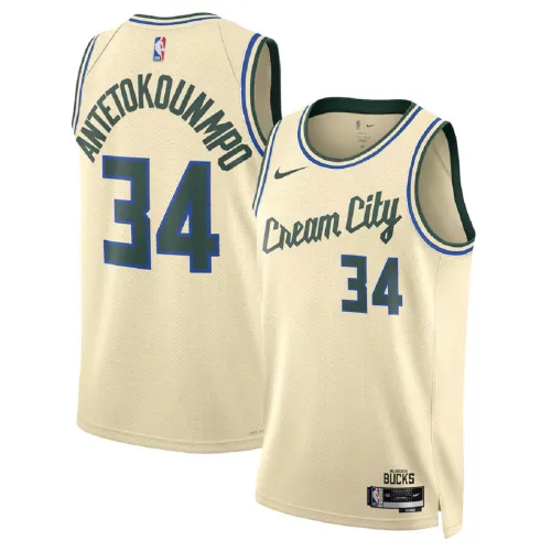 Camisa Swingman unissexo dos Milwaukee Bucks, Giannis Antetokounmpo, modelo #34, cor creme, época 2025/26 - Edição City