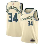 Camisa Swingman unissexo dos Milwaukee Bucks, Giannis Antetokounmpo, modelo #34, cor creme, época 2025/26 - Edição City Unisex Milwaukee Bucks Giannis Antetokounmpo #34 Cream Swingman Jersey 2025/26 – City Edition