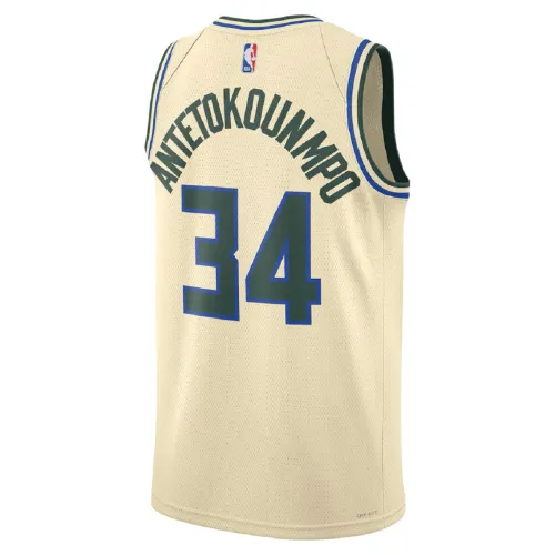 Maillot Swingman unisexe des Milwaukee Bucks « Giannis Antetokounmpo » #34, couleur crème, saison 2025/26 – Édition City