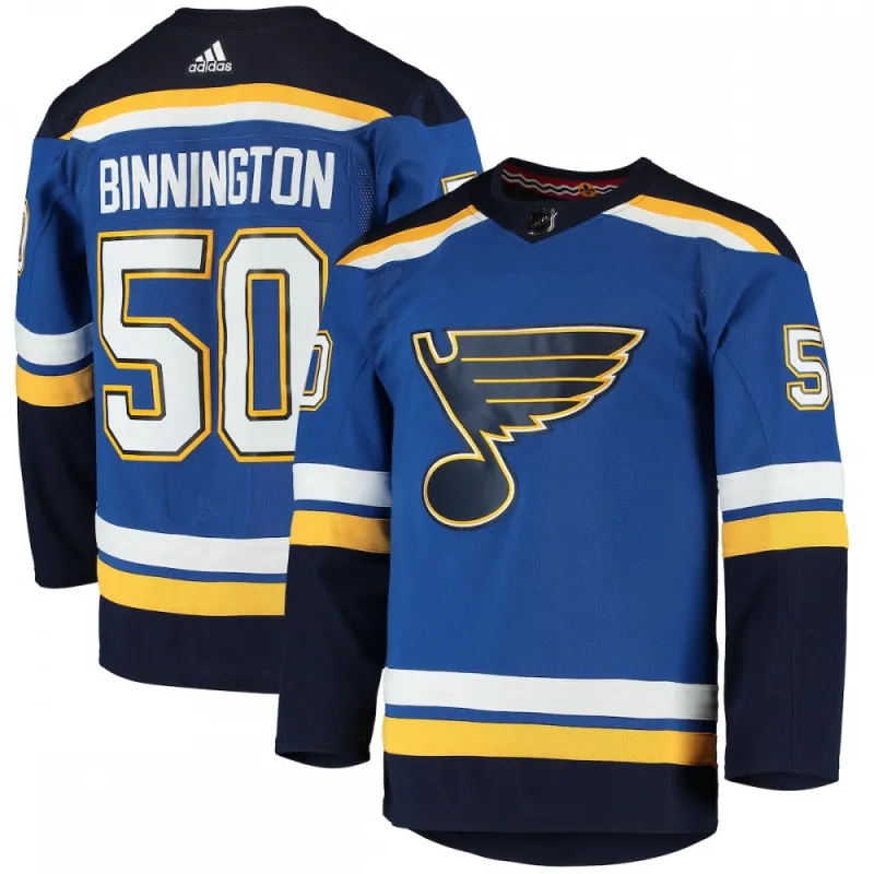 Camiseta de jugador auténtica de local de Jordan Binnington (St. Louis Blues) de adidas – Azul