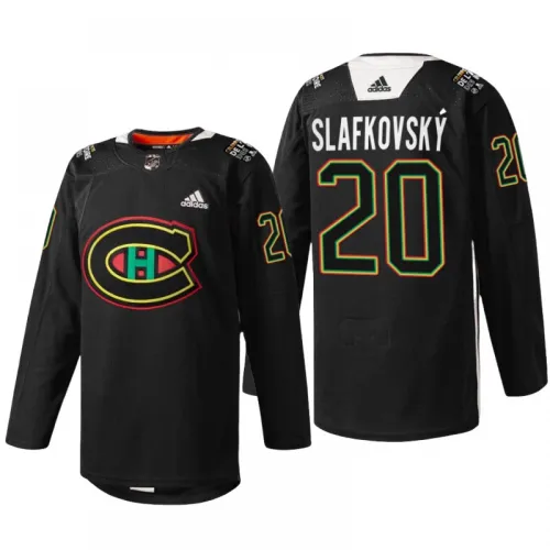 Maglia da riscaldamento notturna Juraj Slafkovsky dei Montreal Canadiens nera