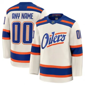 Camisa personalizada premium dos Edmonton Oilers, na cor creme, com design alternativo