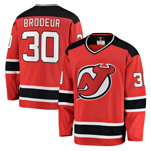 Maillot Premium rouge domicile « Martin Brodeur » des Devils du New Jersey avec Jack Hughes